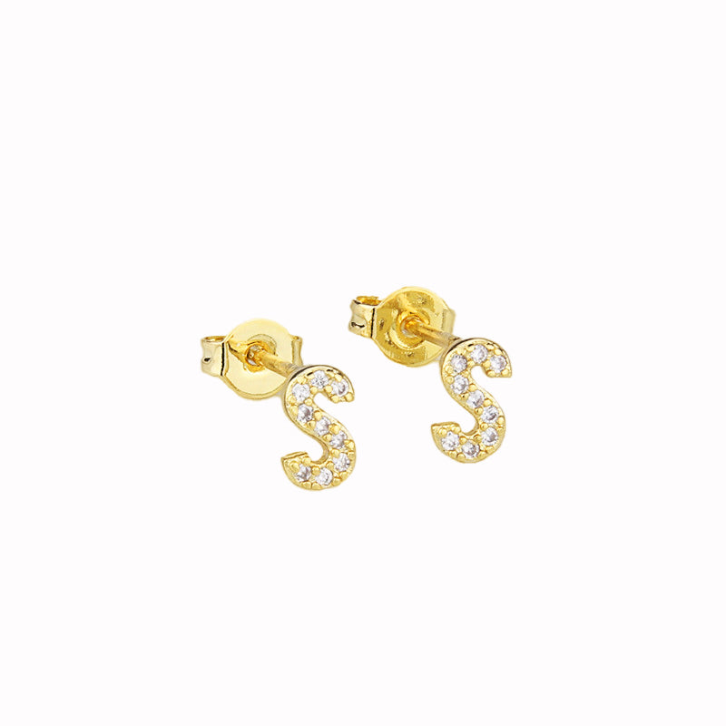 14k Yellow Gold Created White Sapphire Initial S Letter Stud Earrings Plated Image 1