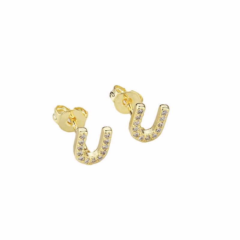 14k Yellow Gold Created White Sapphire Initial U Letter Stud Earrings Plated Image 1
