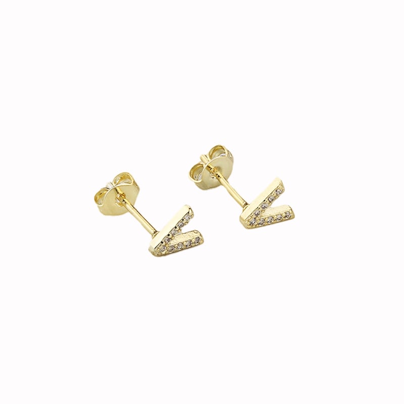 14k Yellow Gold Created White Sapphire Initial V Letter Stud Earrings Plated Image 1