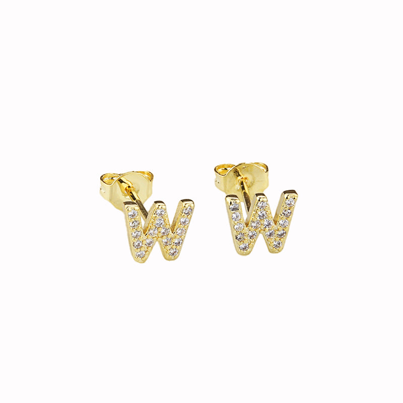 14k Yellow Gold Created White Sapphire Initial W Letter Stud Earrings Plated Image 1