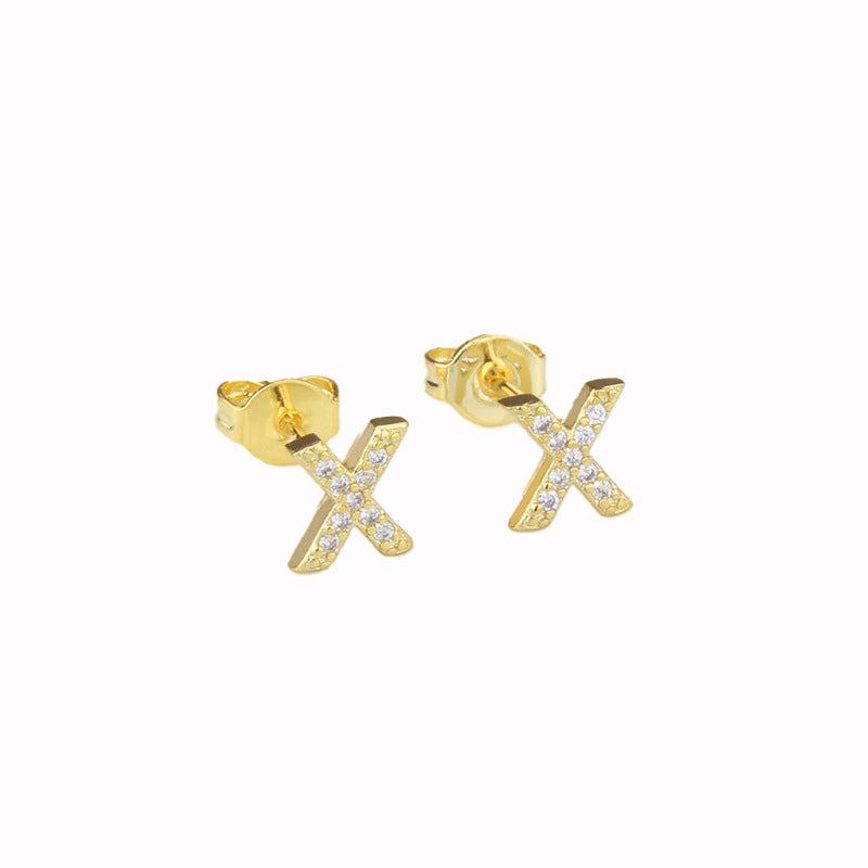 14k Yellow Gold Created White Sapphire Initial X Letter Stud Earrings Plated Image 1
