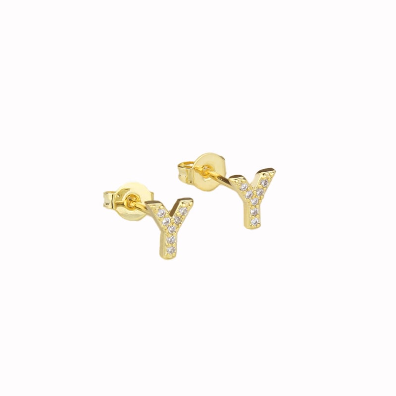 14k Yellow Gold Created White Sapphire Initial Y Letter Stud Earrings Plated Image 1