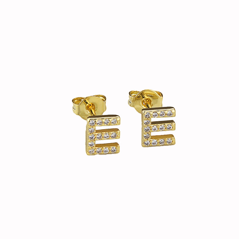 14k Yellow Gold Created Diamond Initial E Letter Stud Earrings Plated Image 1