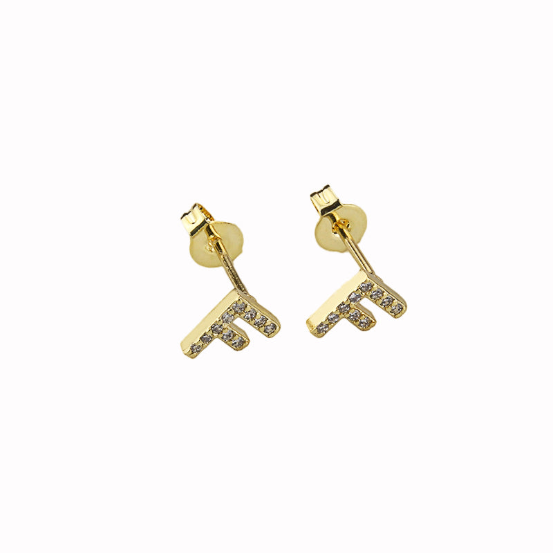 14k Yellow Gold Created Diamond Initial F Letter Stud Earrings Plated Image 1