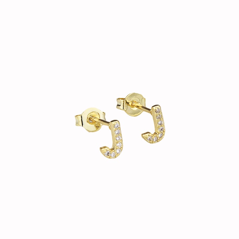 14k Yellow Gold Created Diamond Initial J Letter Stud Earrings Plated Image 1