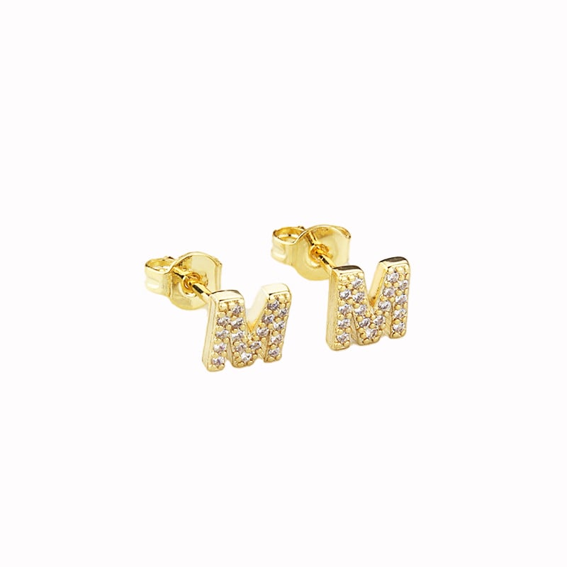14k Yellow Gold Created Diamond Initial M Letter Stud Earrings Plated Image 1