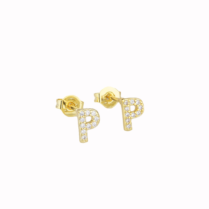 14k Yellow Gold Created Diamond Initial P Letter Stud Earrings Plated Image 1
