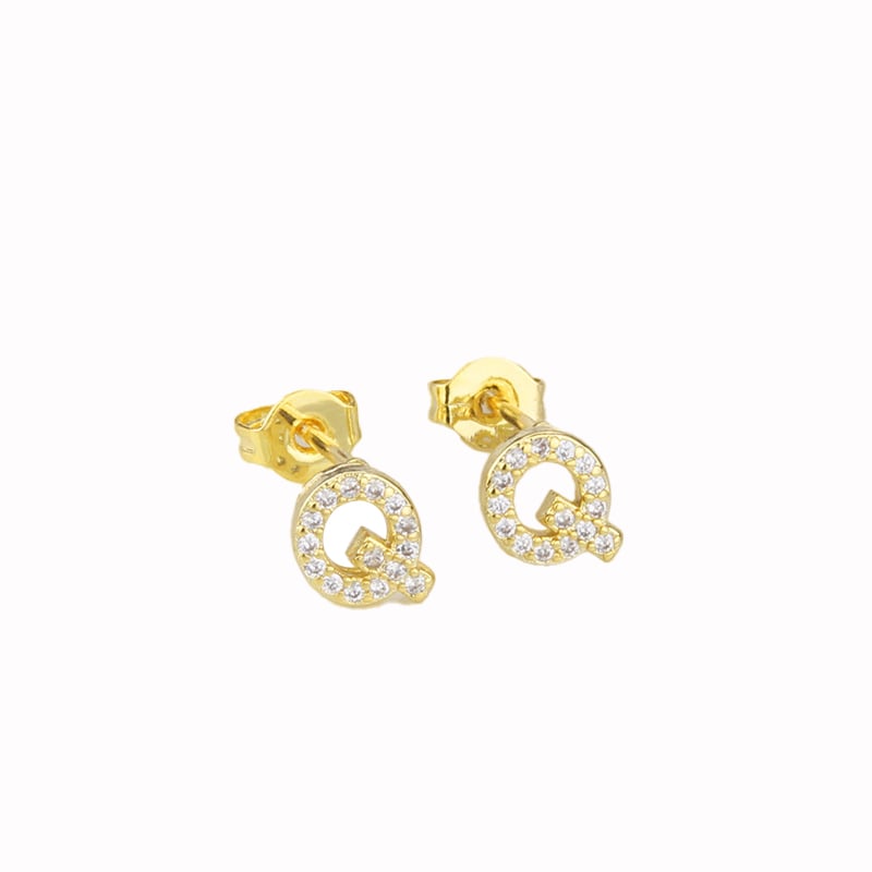 14k Yellow Gold Created Diamond Initial Q Letter Stud Earrings Plated Image 1