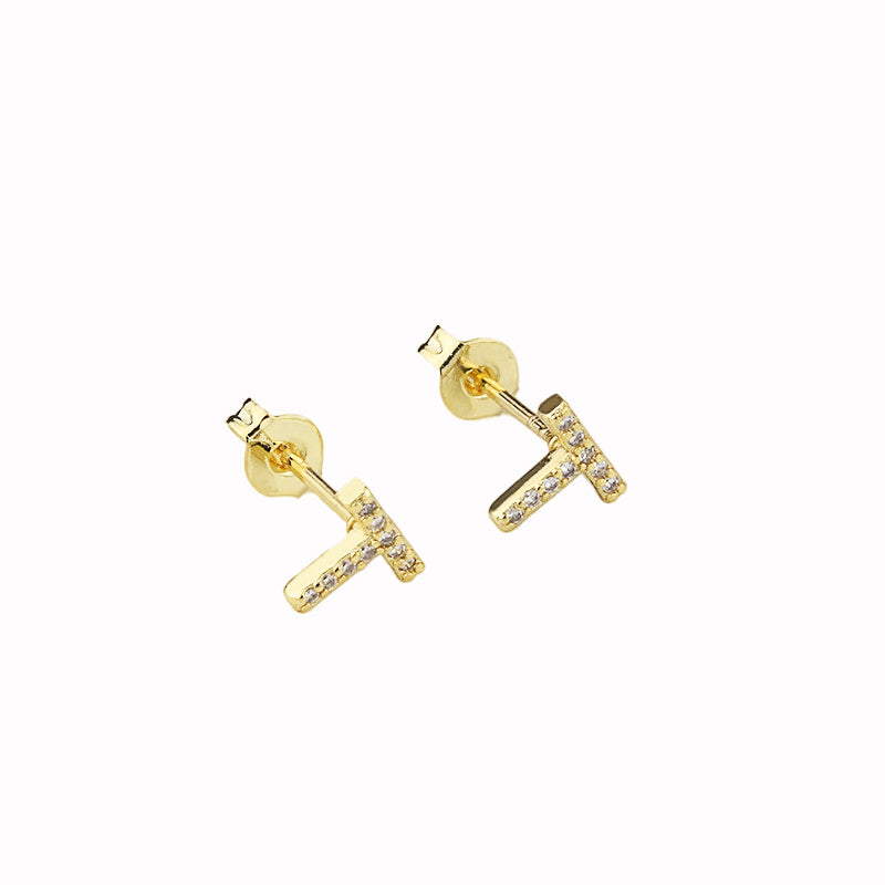 14k Yellow Gold Created Diamond Initial T Letter Stud Earrings Plated Image 1