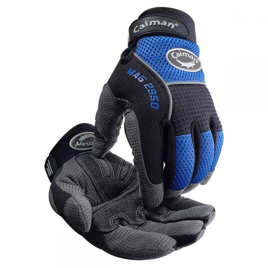 Caiman Mechanics Gloves Black Blue Synthetic Leather Padded Palm Grip 2950 Image 1