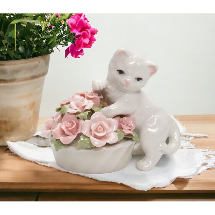 Ceramic Kitten Figurine with Flowers Pot 3.25in Cat Lover Image 1