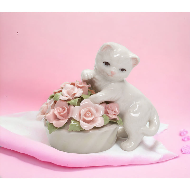 Ceramic Kitten Figurine with Flowers Pot 3.25in Cat Lover Image 2