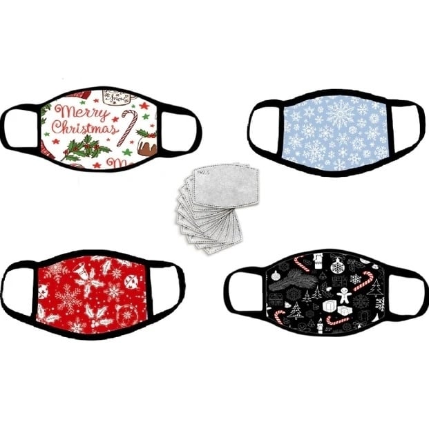 4-Pack Reusable Christmas Themed Face Masks with 8 PM2.5 Carbon Filters Image 1