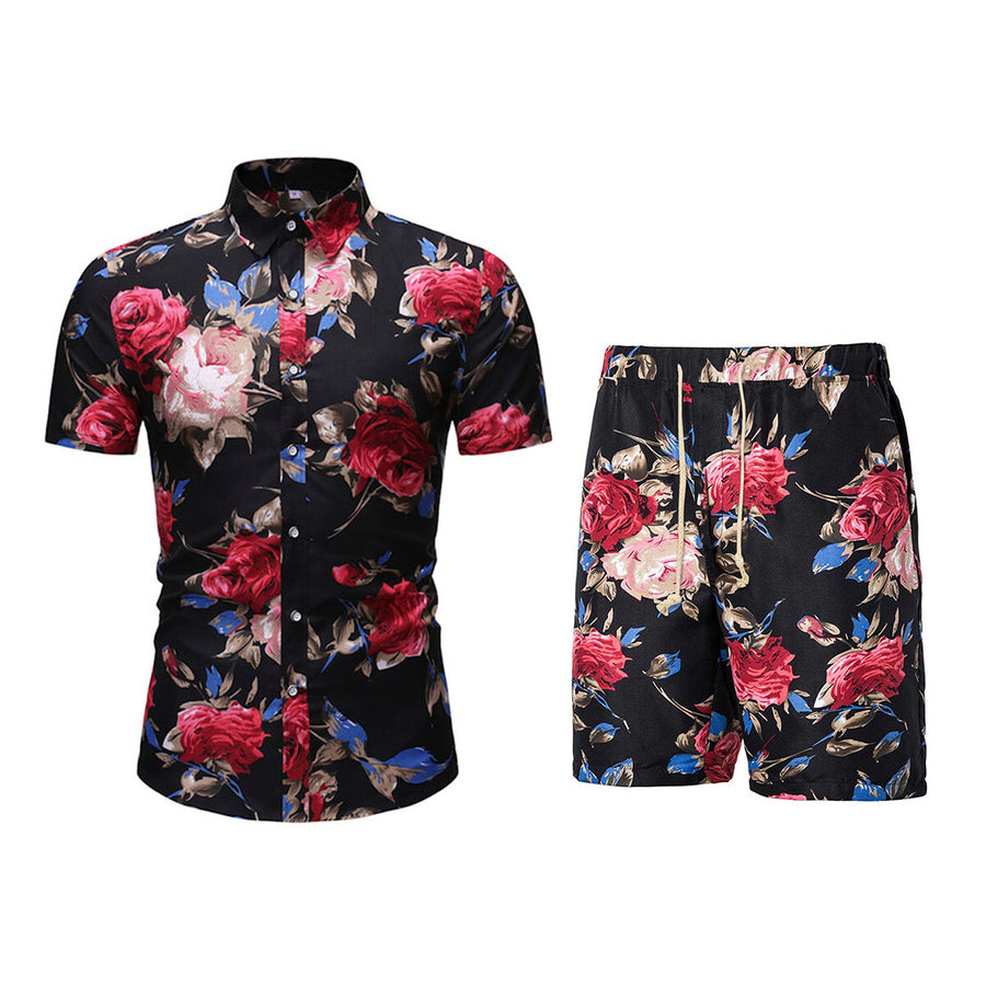 Mens Casual Button-Down Short Sleeve Hawaiian Shirt Suits Beach Floral 2 Piece Vacation Outfits Sets Image 1