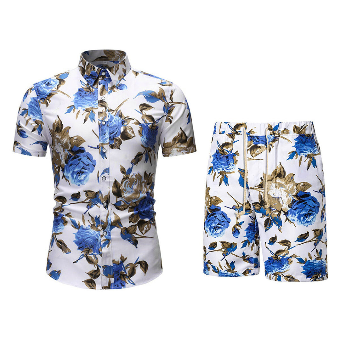 Mens Casual Button-Down Short Sleeve Hawaiian Shirt Suits Beach Floral 2 Piece Vacation Outfits Sets Image 2