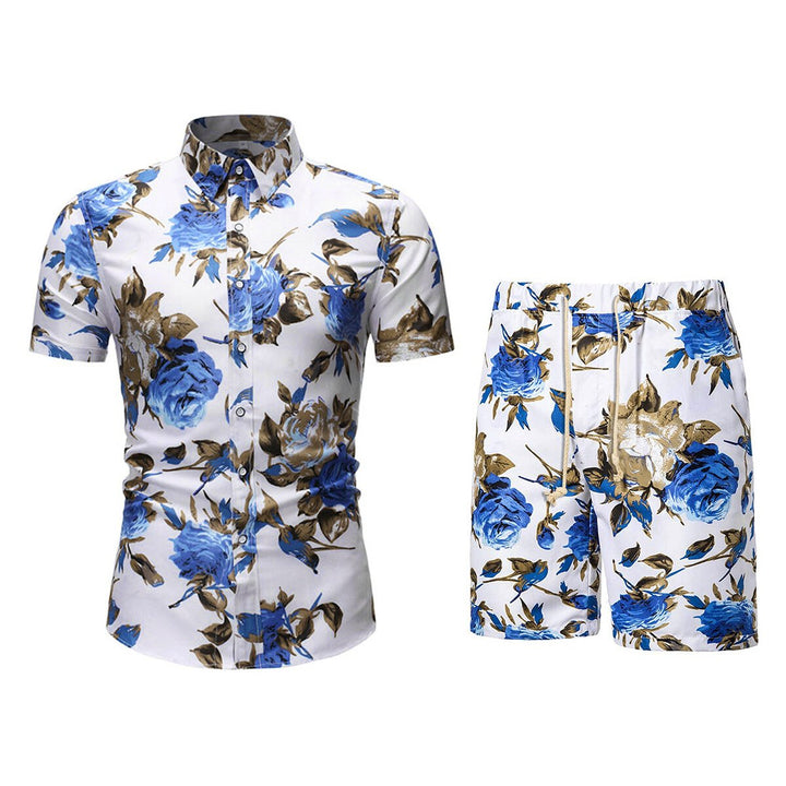 Mens Casual Button-Down Short Sleeve Hawaiian Shirt Suits Beach Floral 2 Piece Vacation Outfits Sets Image 1