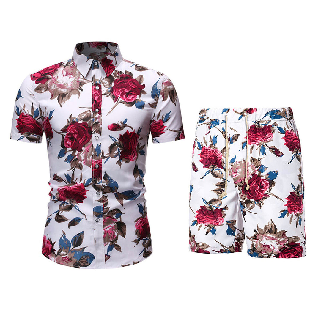 Mens Casual Button-Down Short Sleeve Hawaiian Shirt Suits Beach Floral 2 Piece Vacation Outfits Sets Image 3