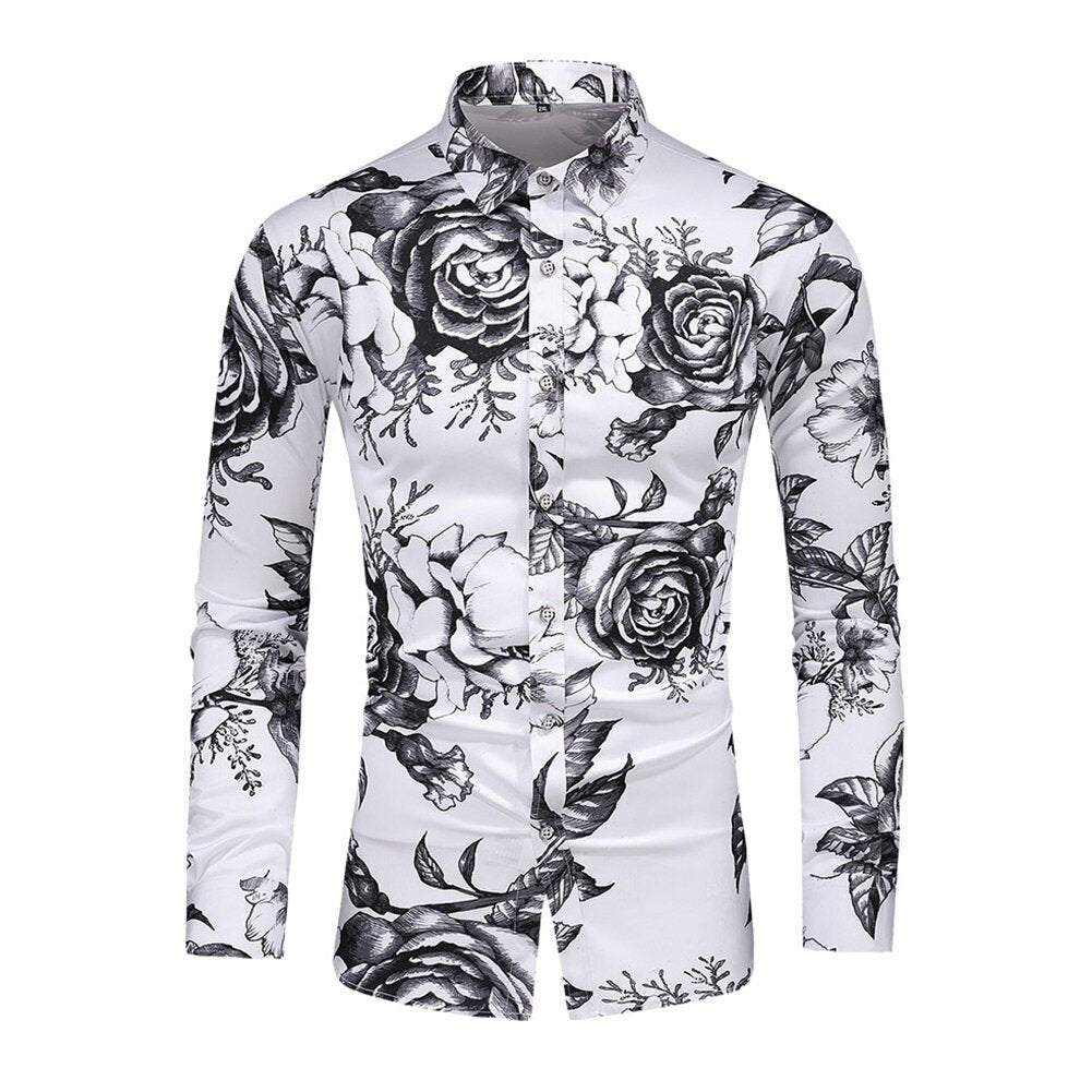 Mens Rose Print Long Sleeve Button-Down Shirt Image 1