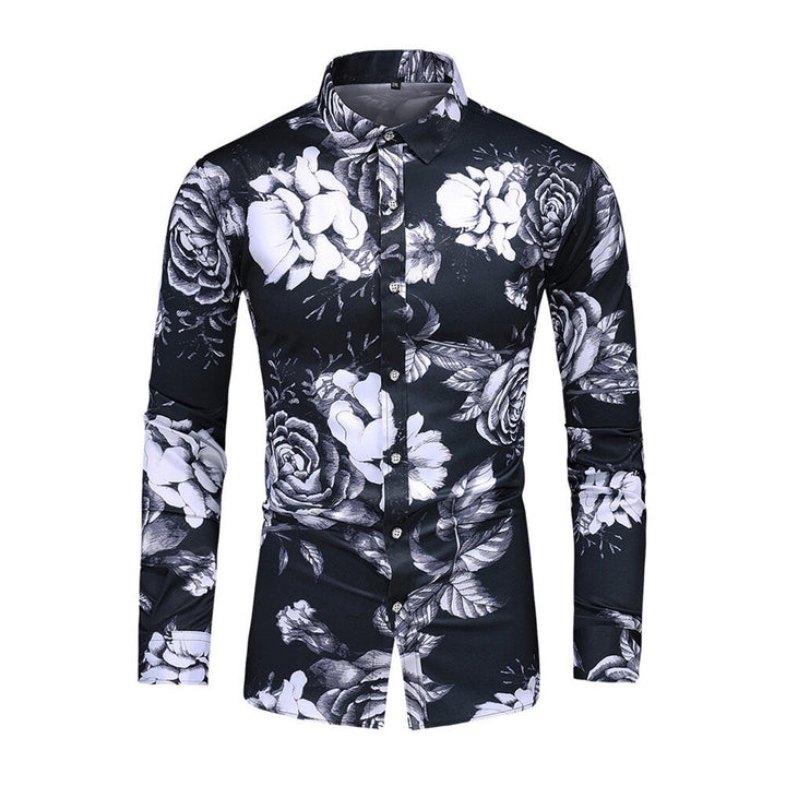 Mens Rose Print Long Sleeve Button-Down Shirt Image 2