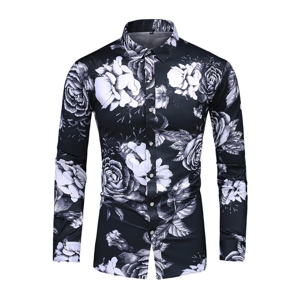 Mens Rose Print Long Sleeve Button-Down Shirt Image 1