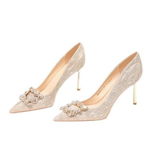 Exquisite wedding shoes silver slim heels high heels womens pointed rhinestones high-end feeling shoes single shoes Image 1