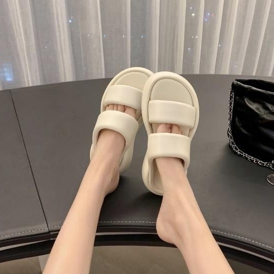 Cloud Bubble~Summer Soft Leather Double Band Bread Casual Thick Sole Elevated Slippers Womens Sandals Image 2