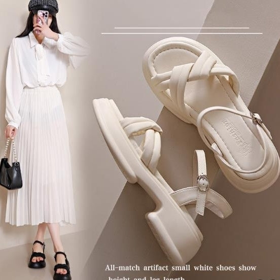 Thick soled sports sandals with a sense of stepping on feces one line buckle sponge cake beach sandals womens matching Image 2