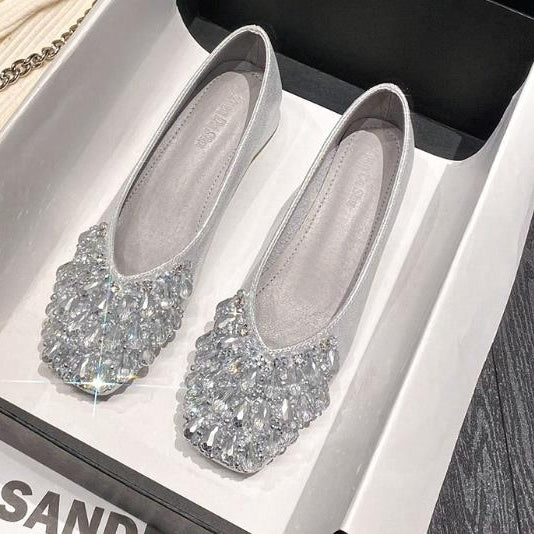 French square toe single shoes shallow mouth wedding shoes rhinestones thick heels ladles oversized womens shoes Image 2