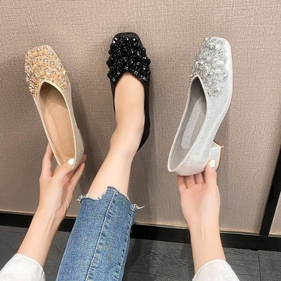 French square toe single shoes shallow mouth wedding shoes rhinestones thick heels ladles oversized womens shoes Image 4