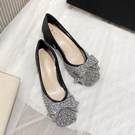 Heel Shoes Diamond Square Head Single Shoes for Women Wide and Fat Feet Large Size Slim and Shallow Mouth Versatile Image 2