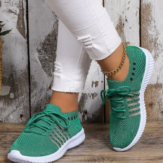 Leisure sports shoes for womens fly woven slope heel round toe lace up mesh breathable womens shoes Image 2