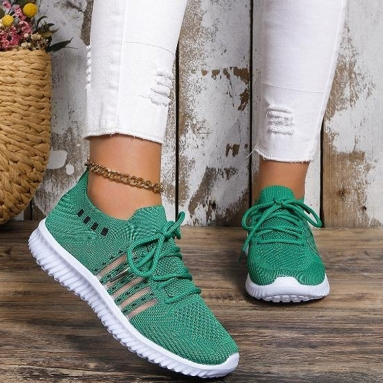 Leisure sports shoes for womens fly woven slope heel round toe lace up mesh breathable womens shoes Image 3