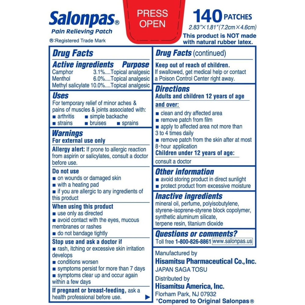 Salonpas Pain Relieving Patch 140 Patches Image 2