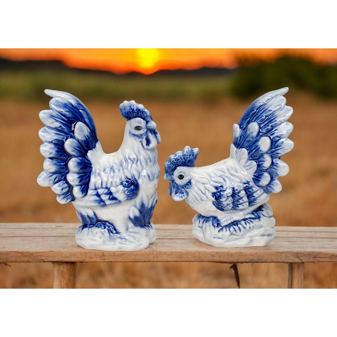 Dutch Blue Ceramic Rooster Salt and Pepper Shakers Image 1