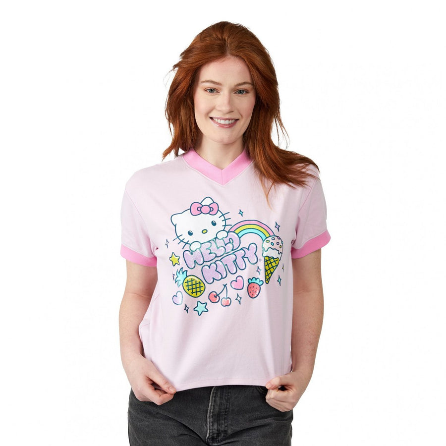 Hello Kitty Glitter Sweets V-Neck Ringer T-Shirt Image 1