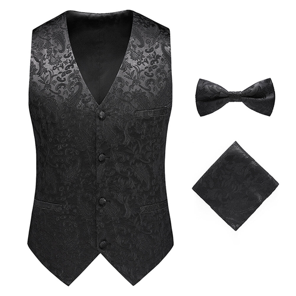 Mens Jacquard Suit Vest Handkerchief and Bow Tie 3 Pcs for Wedding Party Image 1