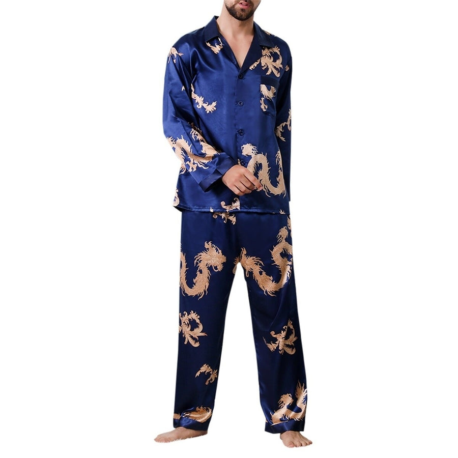 Mens Silk Satin Pajamas Set Long Sleeve Button-Down Loungewear Two-piece Set Image 1