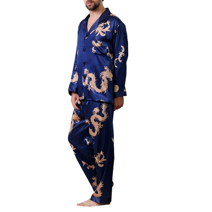 Mens Silk Satin Pajamas Set Long Sleeve Button-Down Loungewear Two-piece Set Image 2