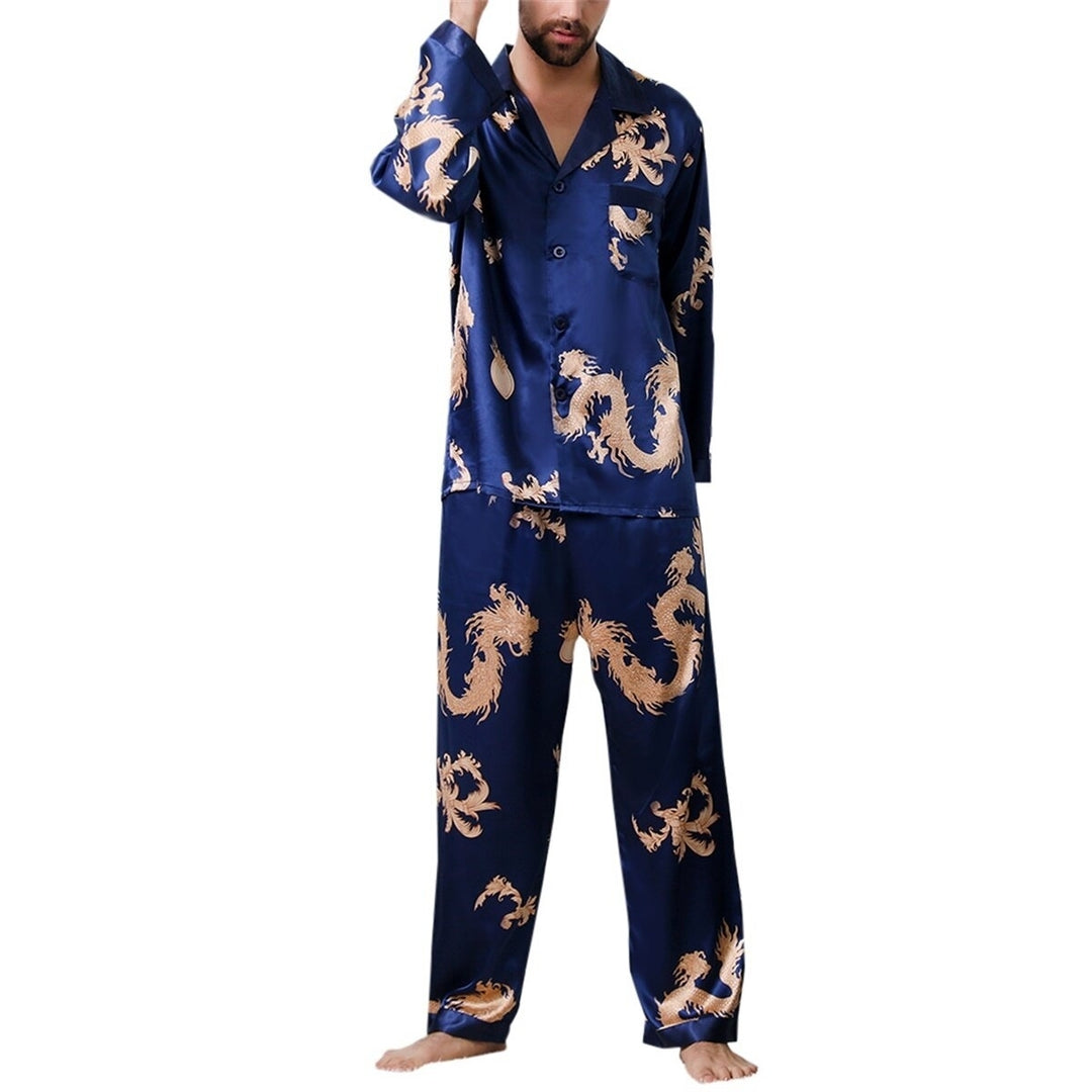 Mens Silk Satin Pajamas Set Long Sleeve Button-Down Loungewear Two-piece Set Image 3