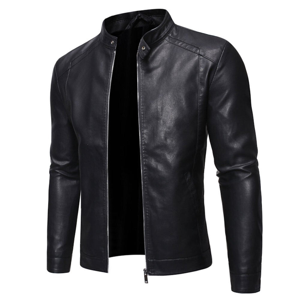 Mens Stand Collar Leather Jacket Motorcycle Lightweight Faux Leather Outwear Image 2
