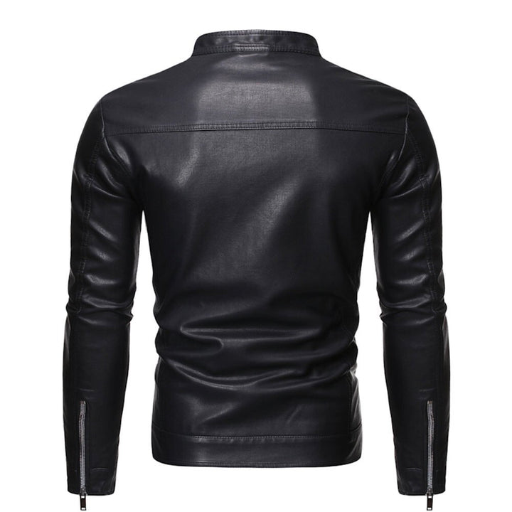 Mens Stand Collar Leather Jacket Motorcycle Lightweight Faux Leather Outwear Image 3