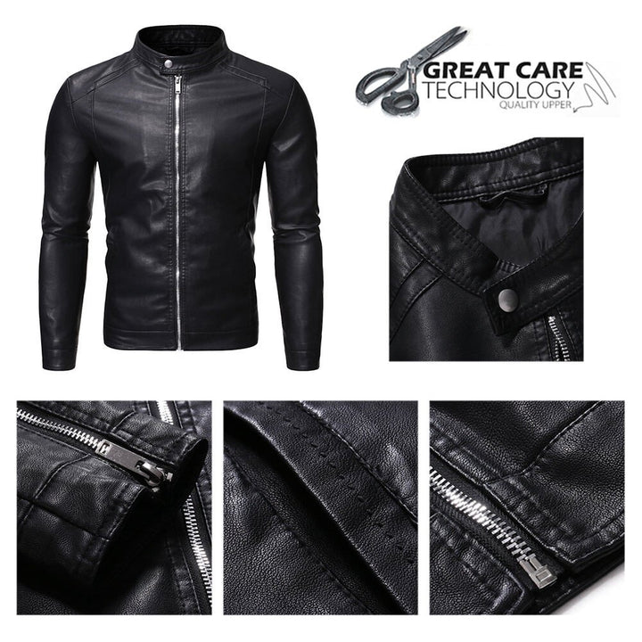 Mens Stand Collar Leather Jacket Motorcycle Lightweight Faux Leather Outwear Image 4