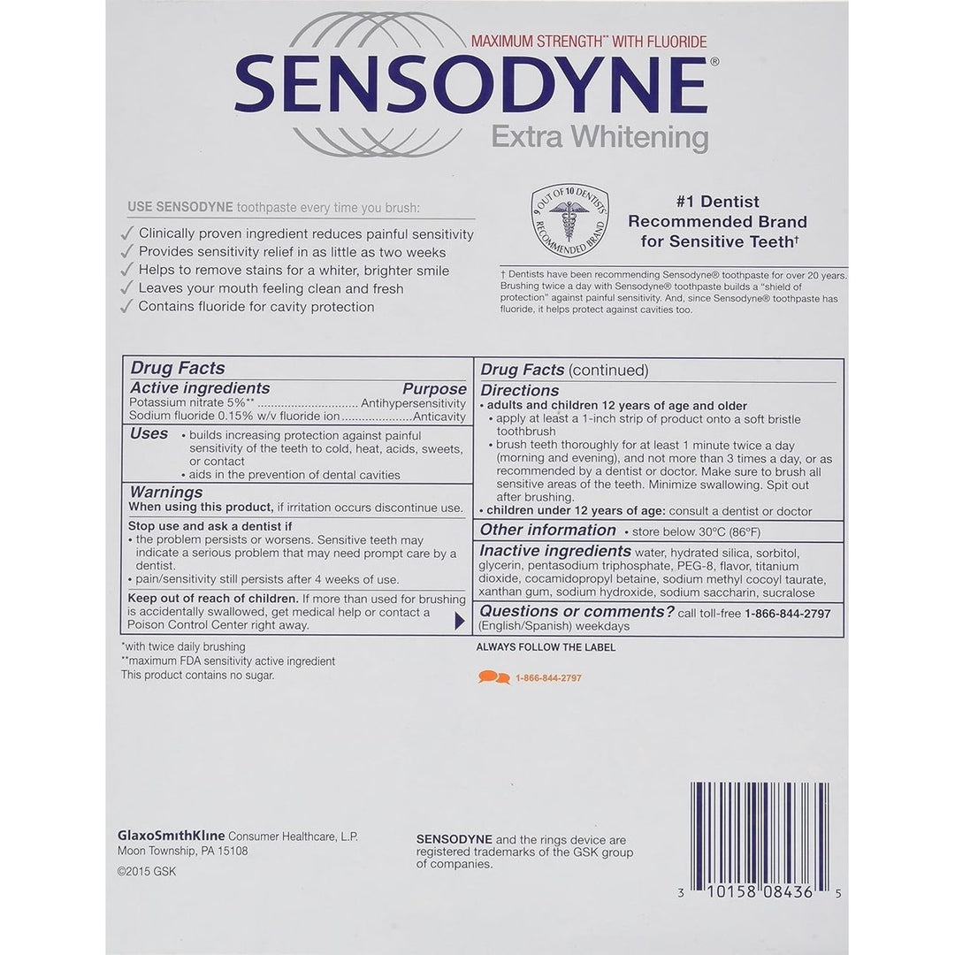 Sensodyne Maximum Strength and Extra Whitening (pack of 4) Net Wt 6.5 oz per tube Image 2