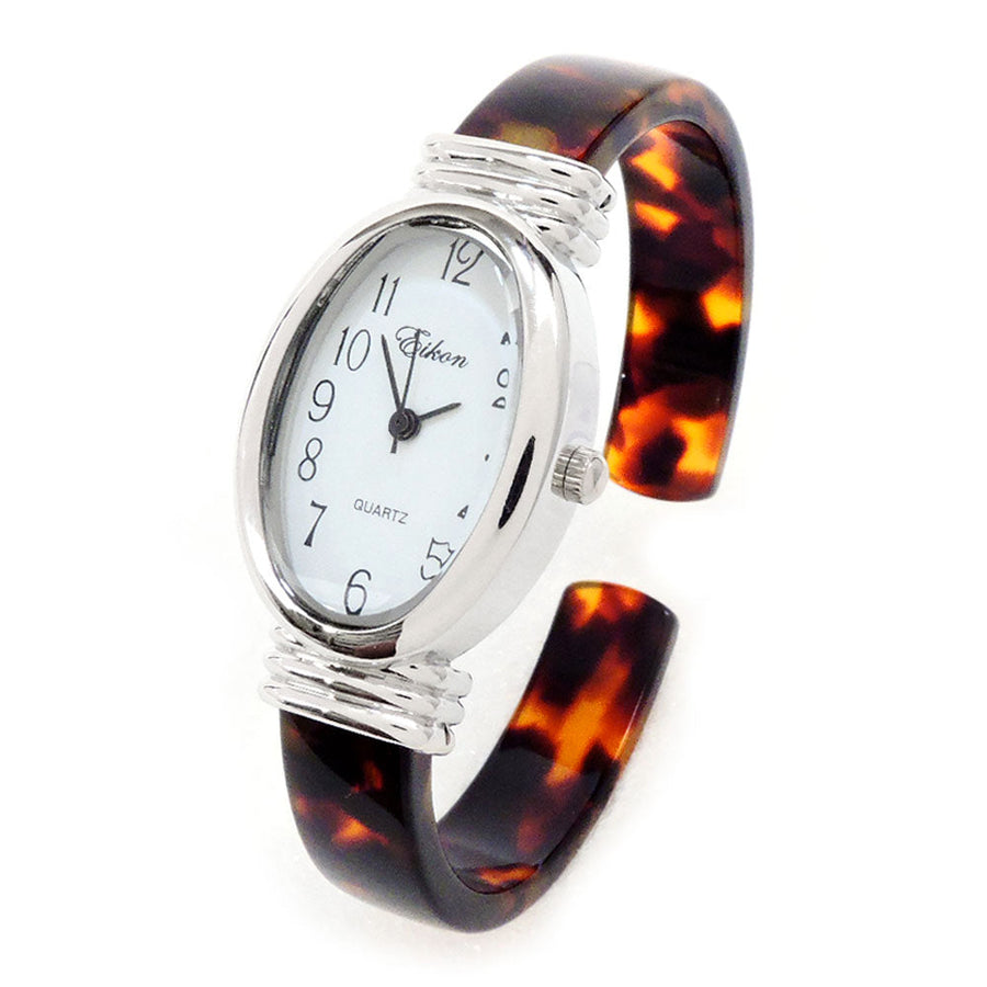 Tortoise Silver Acrylic Band Oval Face Womens Eikon Bangle Cuff Watch Image 1