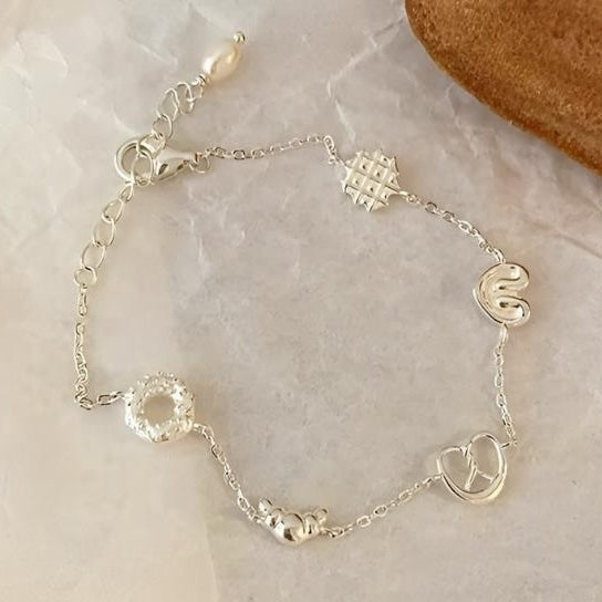 S925 Sterling Silver people who love bread Pearl Bracelet Girls Little Friends Donut Bracelet Image 2