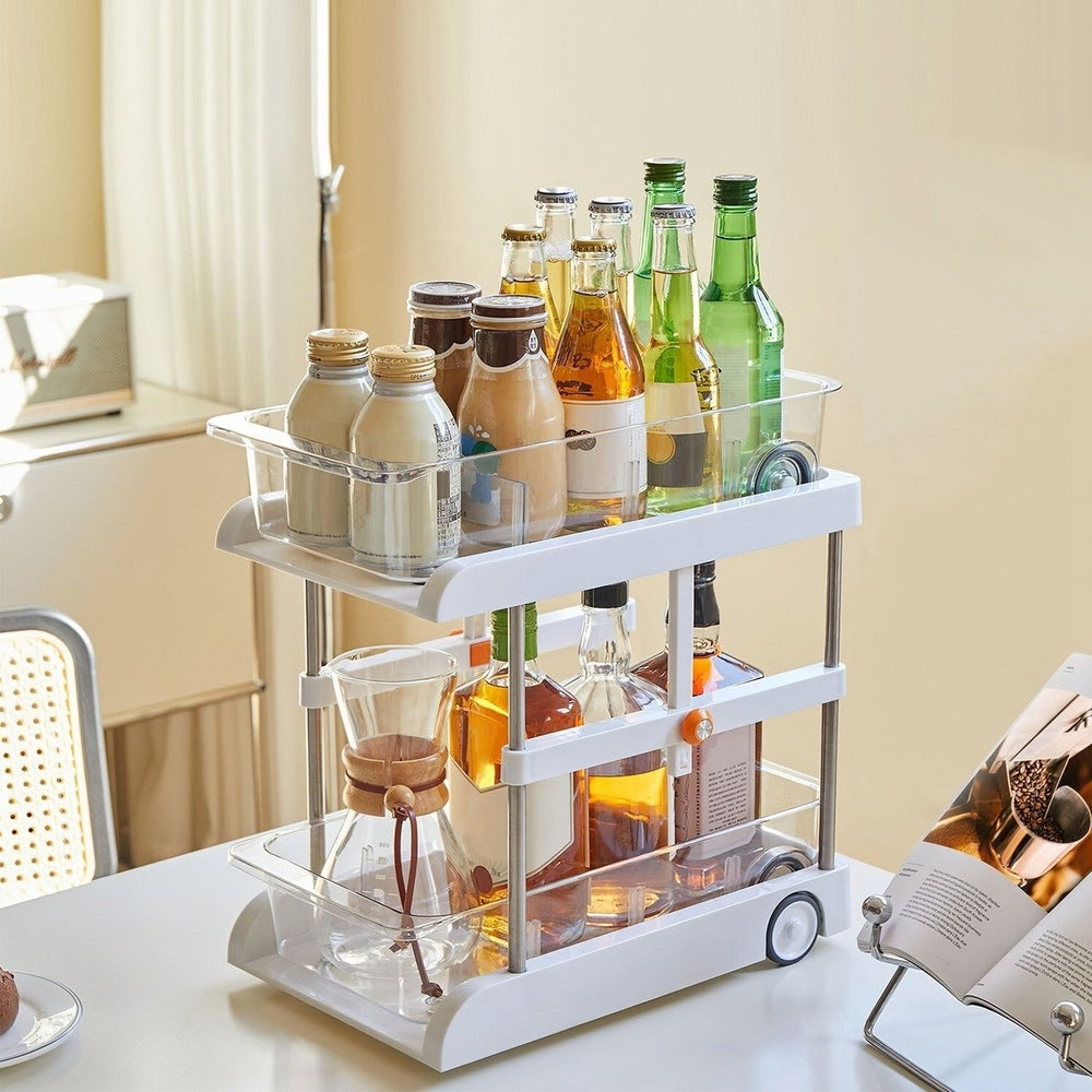 2-Tier Height Adjustable Under Sink Organizer With Flexible Wheels 2 Clear Trays with Movable Dividers Pull Out Cabinet Image 2