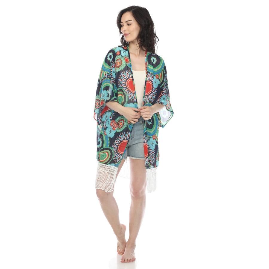 White Mark Womens Sheer Fringe Kimono Cover-Up Lightweight Polyester Summer Print Image 1