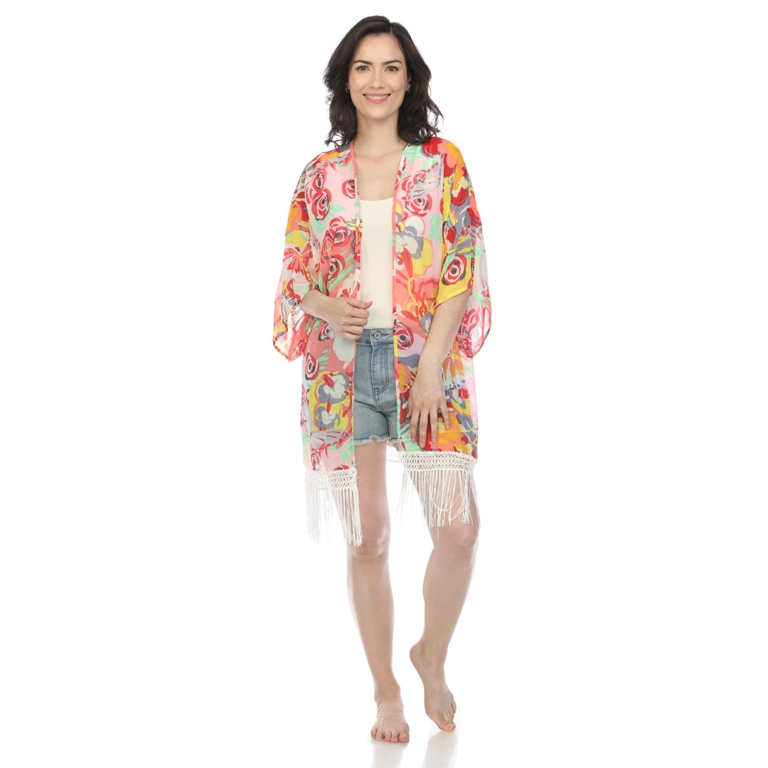 White Mark Womens Sheer Fringe Kimono Cover-Up Lightweight Polyester Summer Print Image 3