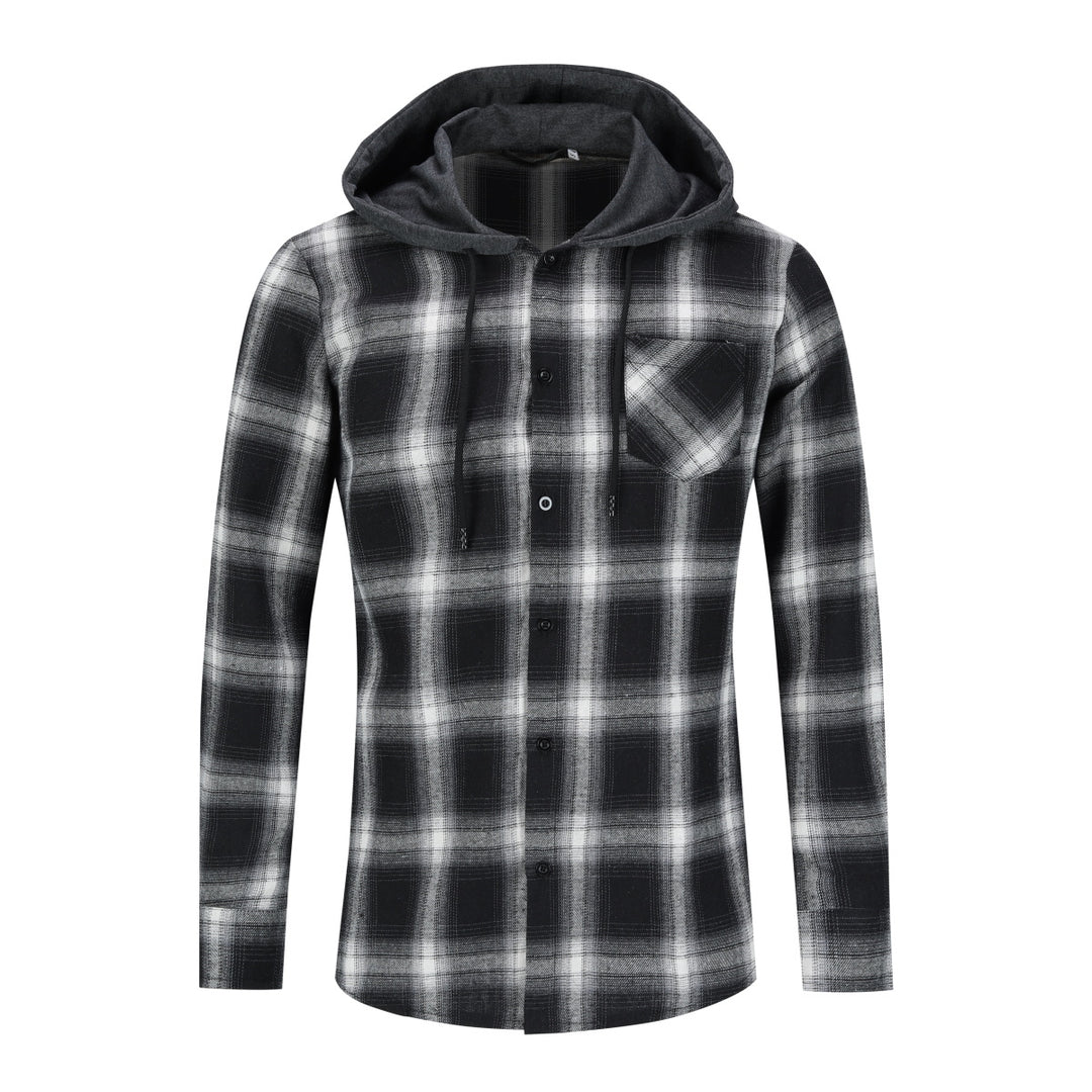 Men Hooded Plaid Shirts Button Splice Sweatshirt Long Sleeve Lattice Tops Image 3