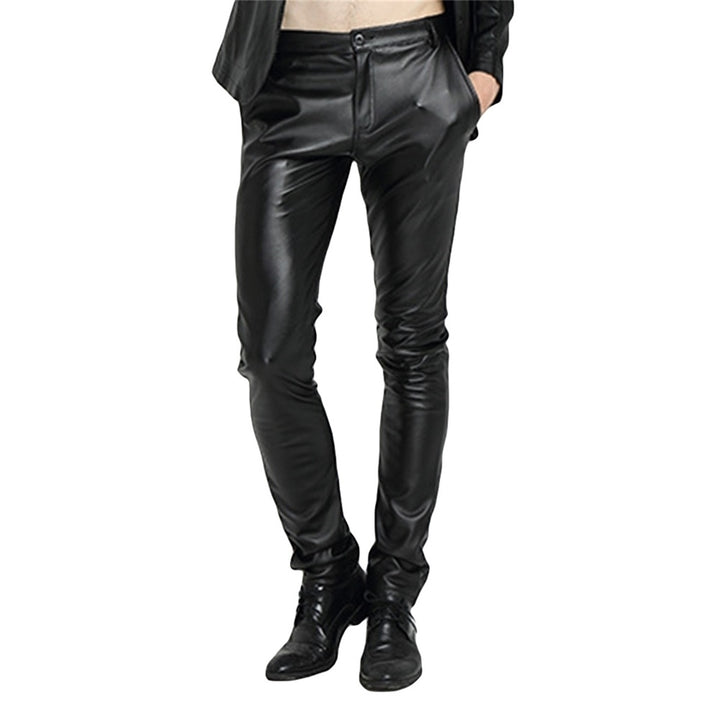 Mens Skinny Straight Leg Tapered Pu Faux Leather Motorcycle Biker Pants Image 1